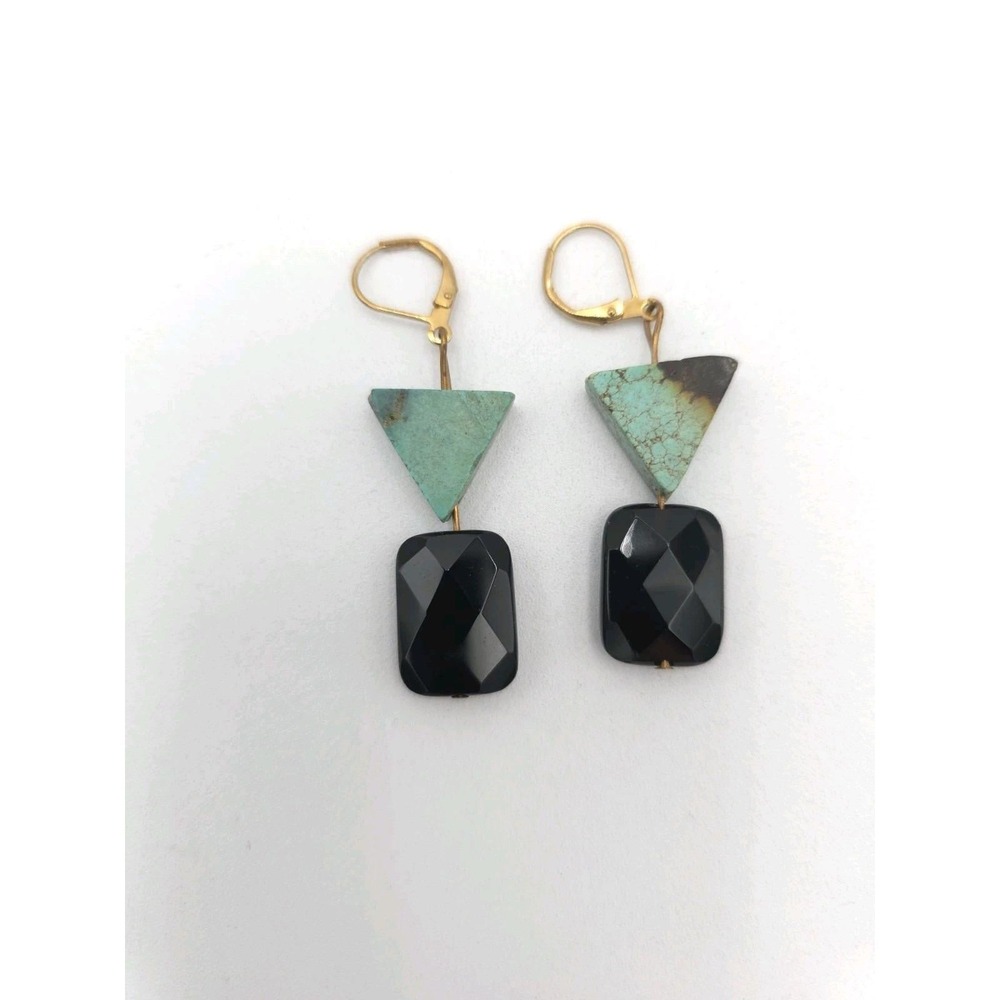 Vintage 80s Geometric Green And Black Dangle Earrings Pierced Triangles Modern